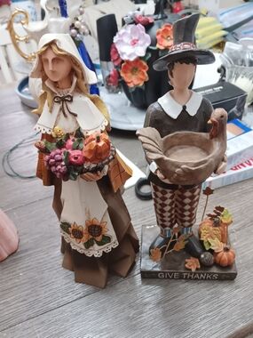 Brown Cream and Orange Harvest Figurine Pair - Thanksgiving Table Accents